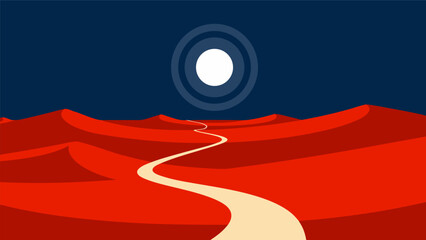 Fototapeta premium A minimalist graphic illustration of a winding path through red desert dunes under a dark blue sky with a bright moon.