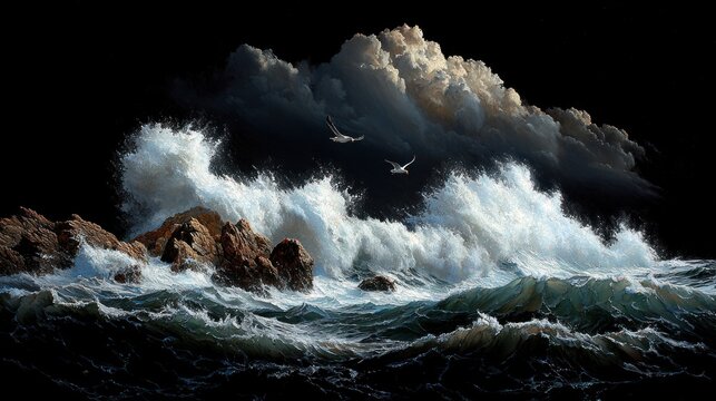 A dramatic ocean scene with large, crashing waves against rocky cliffs, under a stormy sky with two birds - Powered by Adobe