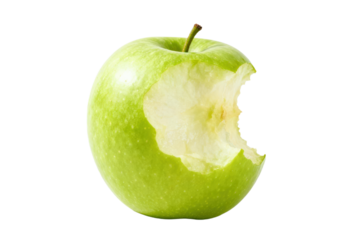 Fresh green apple with a bite taken out showing its juicy interior