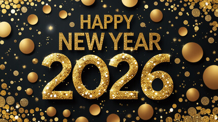 Cheers to new beginnings and sparkling moments, card or banner to wish a happy new year 2026 in gold with colored circles and glitter in bokeh effect on a black background
