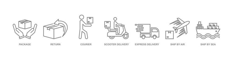 DELIVERY banner icon with ship by air, package, express delivery, return, courier, scooter delivery, and ship by sea icons