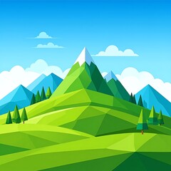 Obraz premium Abstract, low-poly landscape with green hills, snow-capped mountains, trees, and blue sky with fluffy clouds