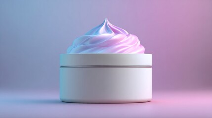 Cosmetic jar with delicate swirling cream, lit by soft pink and blue hues on a gradient backdrop