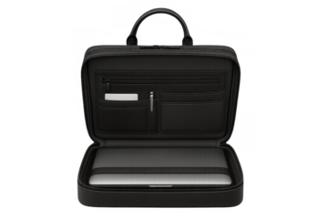 Black leather business briefcase opening, showing a laptop and organized pockets, ready for professional work and travel