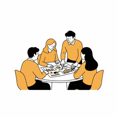 Vector Line-Art Group Reviewing Charts and Graphs Around a Round Table &ndash; Illustration