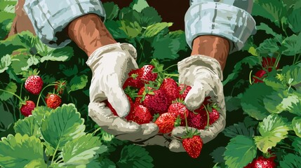 Hands in gloves holding fresh strawberries gathered from a lush green garden surrounded by vibrant foliage on a sunny day in a beautiful countryside setting.