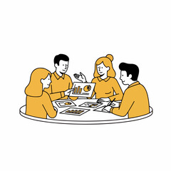 Vector Line-Art Group Reviewing Charts and Graphs Around a Round Table &ndash; Illustration