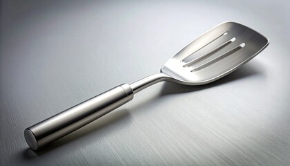 A polished metal spatula with a sleek handle rests on a textured metallic surface, showcasing its kitchen utility and design