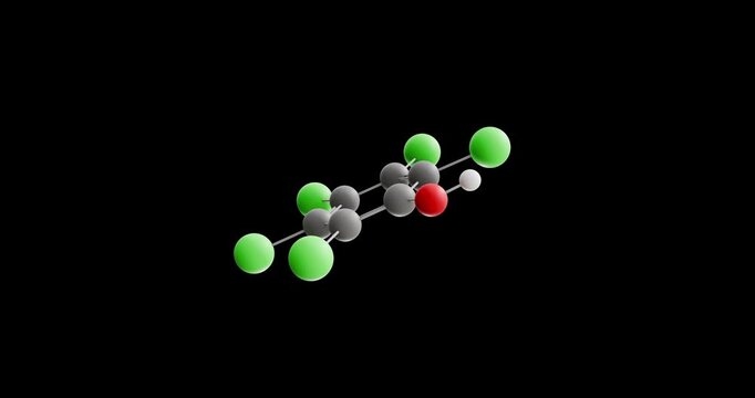 Pentachlorophenol molecule, rotating 3D model of pesticide, looped video on a black background
