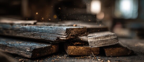 Aged wooden planks scattered on a dusty surface, with bokeh