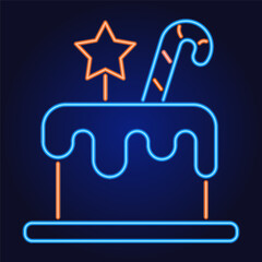 Christmas cake neon icon with candy cane and star