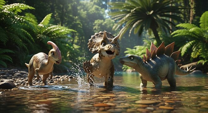 Diverse group of dinosaurs gather at a sunlit river in a lush prehistoric jungle.