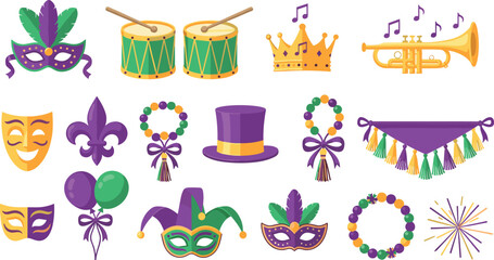 Large set of Mardi Gras carnival celebration elements: Venetian masks, beads, drums, trumpet, crown, and Fleur de Lis symbols, representing New Orleans festival vector.