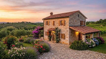 A lovely home framed by blooming flowers and trees, bathed in the golden light of sunset