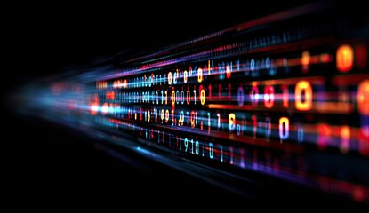 Streaks of glowing binary code stream into darkness