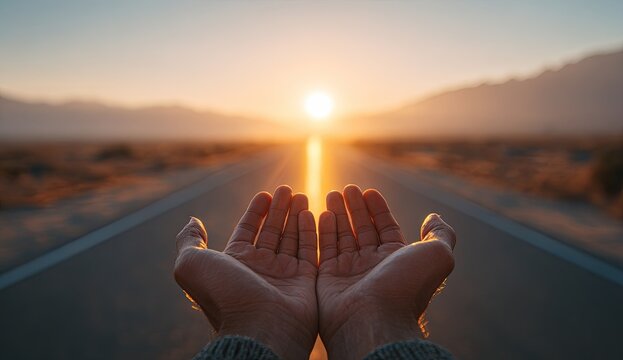 Open hands reach towards a bright sun over a long desert road