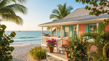 A pink beach house surrounded by palm trees, with the ocean visible in the background under a clear blue sky