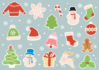 Merry Christmas vintage cute stickers. Hand drawn of traditional winter decorations and icons. Vector flat illustration.