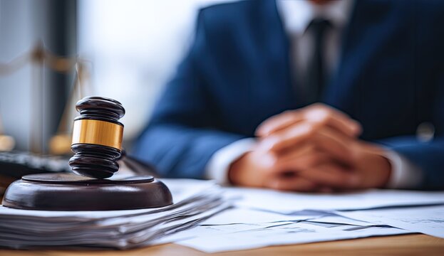Judge in a suit sits at a desk with gavel and documents