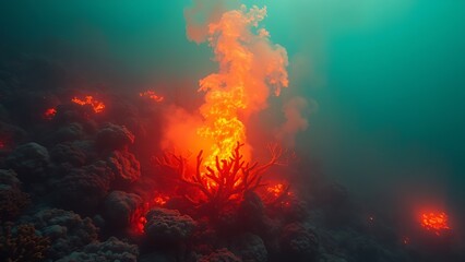 Fototapeta premium A terrifyingly beautiful underwater scene where the coral reef is consumed by an acidic neon-green and orange haze.