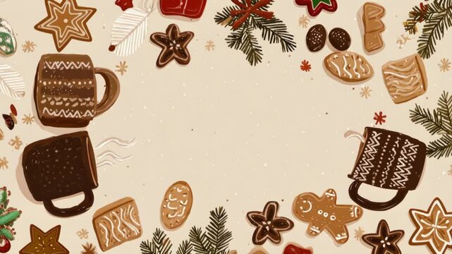 Festive gingerbread and hot cocoa border with holiday decorations