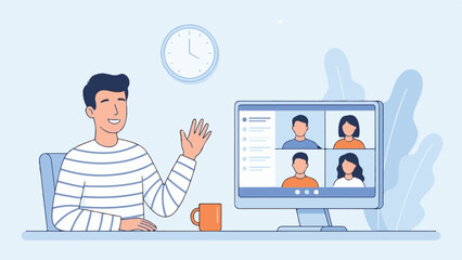 Man waving during online video conference call on computer