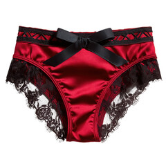 Red satin and black lace panties with bow detail isolated on transparent background