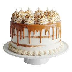 Caramel drip cake with toasted meringue topping isolated on transparent background