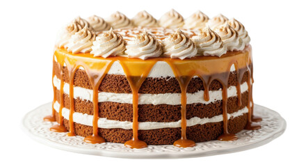 Caramel drip layer cake with whipped cream topping isolated on transparent background