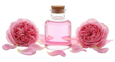 Rose water bottle with pink roses and petals isolated on transparent background