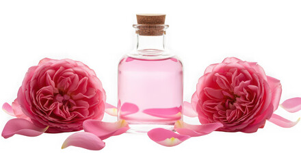 Rose water bottle with pink roses and petals front view isolated on transparent background