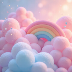 Whimsical scene featuring soft pastel colors, fluffy clouds, and vibrant rainbow, evoking sense of joy and wonder