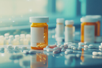 Prescription bottles and pills spilled on a table.Prescription bottles and pills spilled on a table.