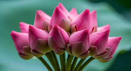 Closeup of a cluster of pink lotus buds against a green background