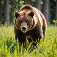 Fototapeta premium Majestic bear walking through lush green grass in forest, showcasing its powerful presence and natural beauty