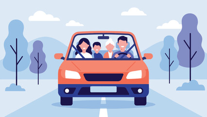Happy multi-generational family enjoying a road trip in a car illustration