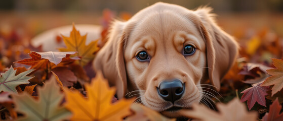 Playful puppy rests among colorful autumn leaves, showcasing its adorable features and bright eyes. warm tones of leaves enhance cozy atmosphere