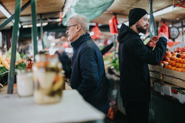 An elderly man browses a crowded market stall while a vendor arranges vibrant produce. The scene captures everyday shopping, community, and the warmth of urban food markets.
