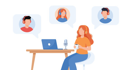 Woman hosting an online podcast or remote meeting with virtual participants