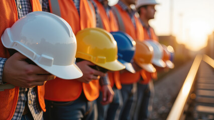 Construction workers wearing safety helmets stand line, showcasing various colors of hard hats. scene captures teamwork and safety construction