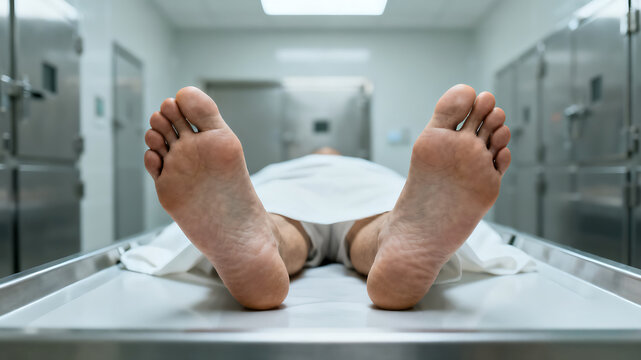 ​A focused, low-angle shot showing the soles of the feet of a deceased person lying on a metal examination table in a morgue or forensic facility.