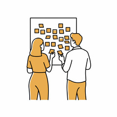Clean Outline Illustration of Two Colleagues Planning Workflow with Sticky Notes &ndash; Vector