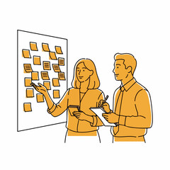 Clean Outline Illustration of Two Colleagues Planning Workflow with Sticky Notes &ndash; Vector