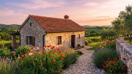 A small stone house with a red tile roof surrounded by colorful flowers in the foreground