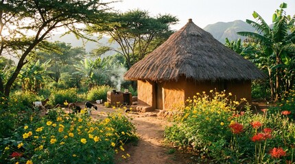 A thatched-roof hut surrounded by colorful flowers in the background, showcasing a serene outdoor setting, like traditional Ukrainian house