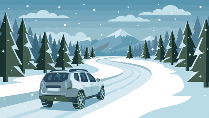 Car with snow chains on a winding road through a winter forest and mountains