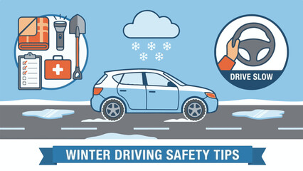 Winter Driving Safety Tips Illustration with Car and Essential Equipment