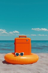 Photo of an orange suitcase with sunglasses, flip-flops, and an inflatable ring on the beach against a blue sky background. Summer vacation concept.