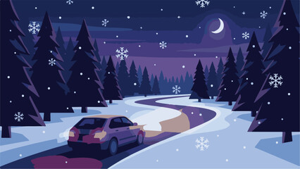 Illustration of a Car on a Winding Snowy Road Through a Winter Forest at Night