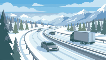 Winter mountain road with cars and trucks driving on a snowy highway